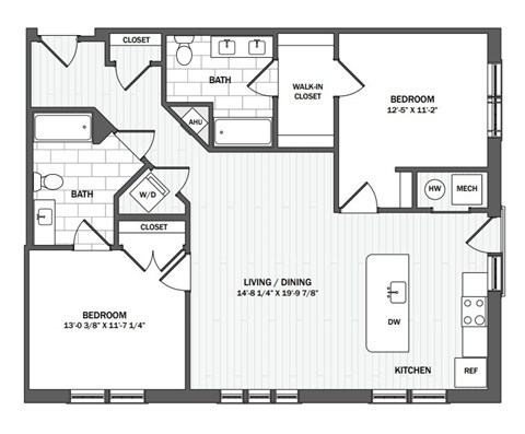 A floor plan of a house with two bedrooms, a living area, and a kitchen.